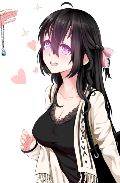 Anime picture 664x1010 with original miyaura sanshio beifeng han long hair tall image open mouth light erotic black hair hair between eyes white background purple eyes holding looking away cleavage ahoge happy looking up revision girl bow