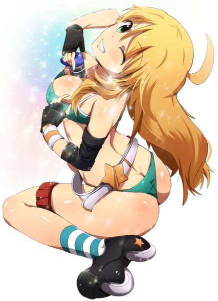 Anime picture 993x1364 with idolmaster hoshii miki umakatsuhai single long hair tall image blush breasts light erotic blonde hair smile large breasts green eyes ahoge ass one eye closed wink sparkle grin squat