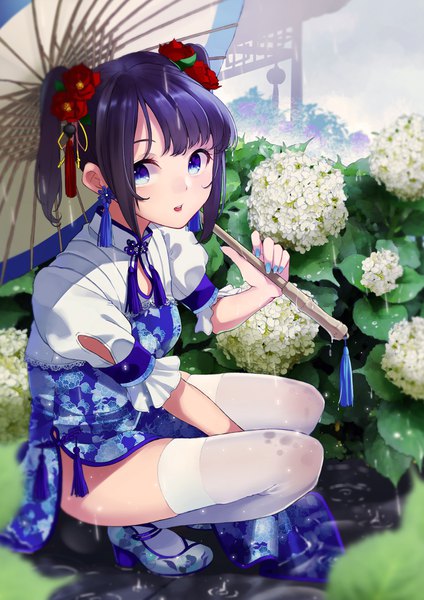 Anime picture 849x1200 with original retsuna single tall image looking at viewer blush fringe short hair open mouth blue eyes hair between eyes twintails payot purple hair outdoors nail polish hair flower fingernails short sleeves high heels
