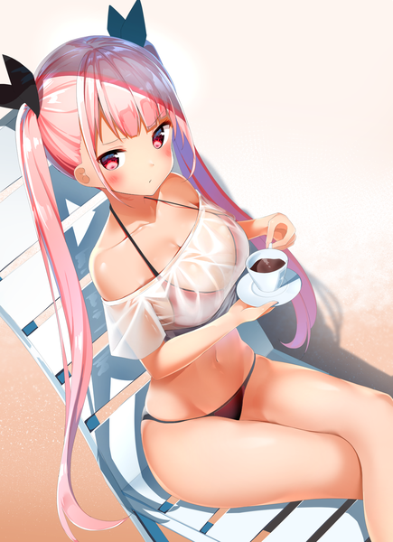 Anime picture 1200x1654 with original kurotobi rarumu single long hair tall image looking at viewer blush fringe breasts light erotic red eyes large breasts sitting twintails bare shoulders holding payot pink hair bent knee (knees) blunt bangs