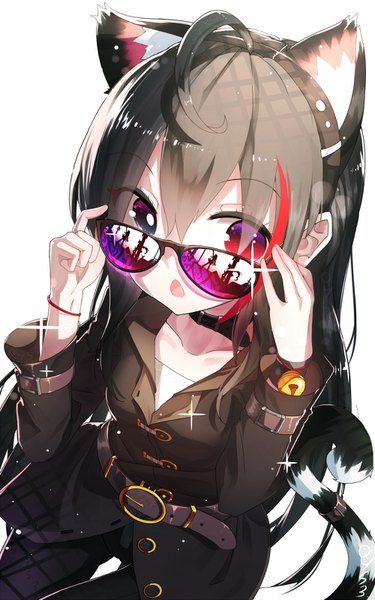 Anime picture 1000x1600 with original li (qys3) qys3 single long hair tall image looking at viewer fringe open mouth black hair simple background hair between eyes white background sitting purple eyes signed animal ears payot ahoge tail