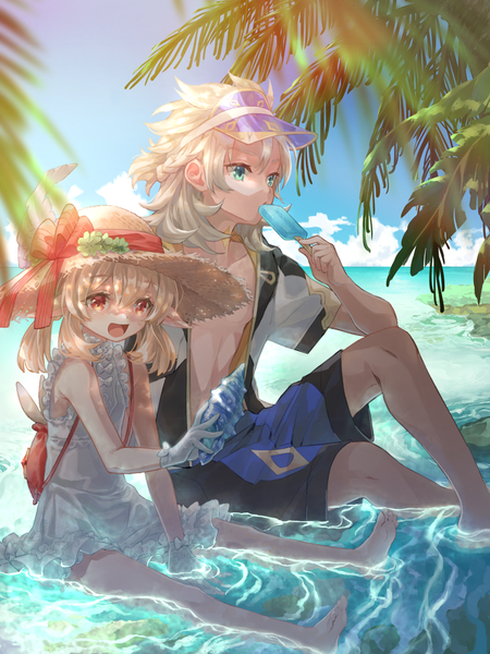 Anime picture 1000x1333 with genshin impact klee (genshin impact) albedo (genshin impact) yoco n02 long hair tall image open mouth blonde hair red eyes sitting looking away sky cloud (clouds) :d aqua eyes pointy ears sleeveless partially submerged horizon half updo