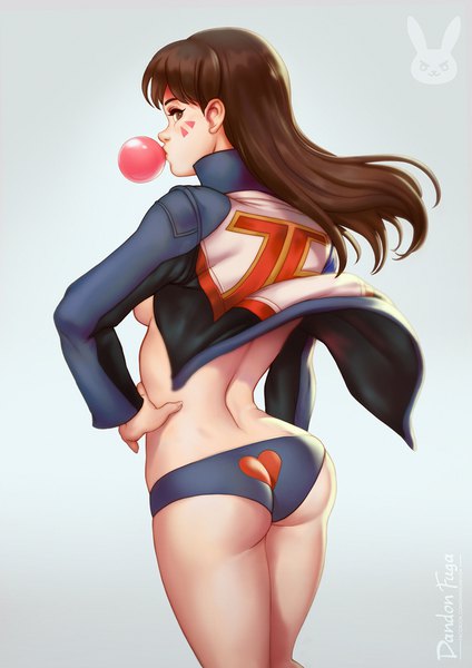 Anime picture 630x891 with overwatch blizzard entertainment d.va (overwatch) dandon fuga single long hair tall image looking at viewer fringe breasts light erotic simple background brown hair brown eyes signed ass profile looking back from behind realistic
