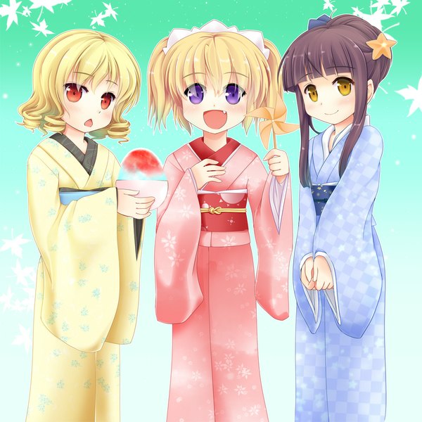 Anime picture 1000x1000 with touhou star sapphire luna child sunny milk looking at viewer blush short hair open mouth smile red eyes purple eyes multiple girls japanese clothes teeth fang (fangs) alternate hairstyle hair up girl kimono leaf (leaves)