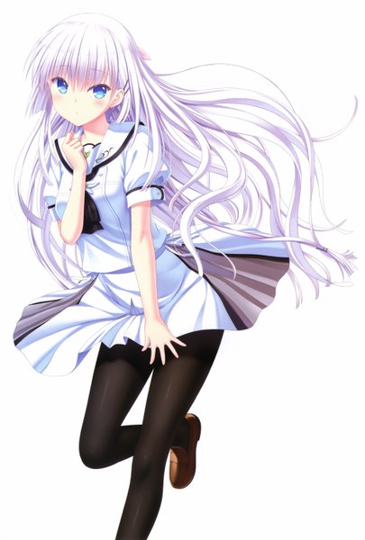 Anime picture 4069x6024 with summer pockets key (studio) naruse shiroha na-ga single long hair tall image looking at viewer blush fringe highres blue eyes simple background white background absurdres white hair scan official art short sleeves leg up