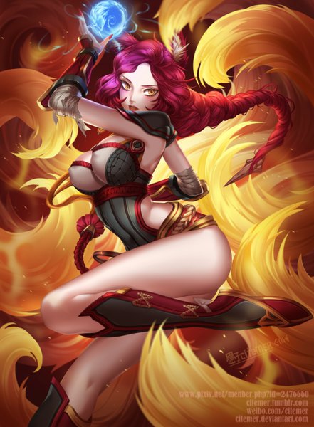 Anime picture 1056x1436 with league of legends ahri (league of legends) gu-ko citemer single tall image short hair breasts light erotic animal ears pink hair red hair tail nail polish parted lips fingernails lips magic fox girl multiple tails makeup