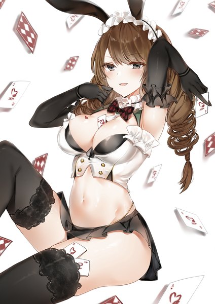 Anime picture 2480x3508 with azur lane dead or alive monica (doa) yukineko1018 single long hair tall image looking at viewer blush fringe highres breasts open mouth light erotic simple background smile brown hair large breasts white background sitting