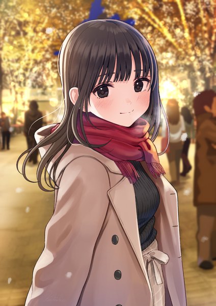 Anime picture 1736x2456 with original matsuno chiya kentaurosu long hair tall image looking at viewer fringe highres breasts black hair smile black eyes blurry open clothes open jacket depth of field solo focus exhalation backlighting girl