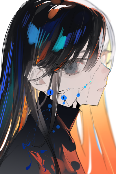 Anime picture 919x1375 with original zumi (neronero126) single long hair tall image looking at viewer black hair simple background white background upper body multicolored hair orange hair grey eyes colored inner hair crack girl turtleneck