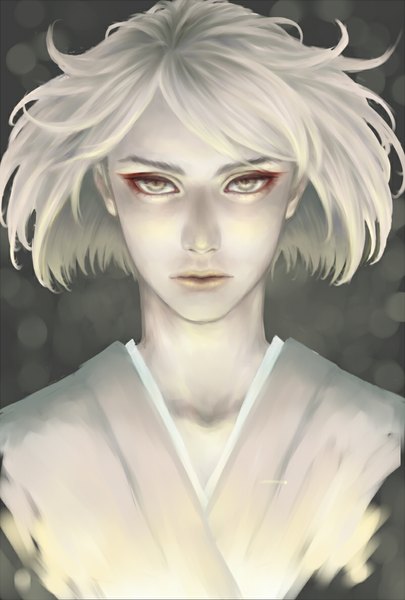 Anime picture 800x1184 with original nanao (artist) single tall image looking at viewer short hair simple background blonde hair yellow eyes traditional clothes wind realistic eyeshadow boy