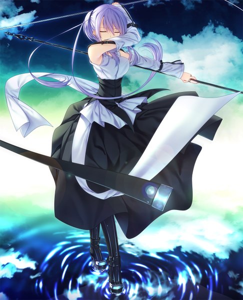 Anime picture 1216x1500 with original ayatudura single long hair tall image purple hair cloud (clouds) ponytail eyes closed girl dress detached sleeves