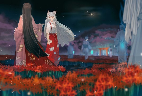 Anime picture 4597x3106 with touhou fujiwara no mokou houraisan kaguya houraisan chouko highres black hair multiple girls absurdres silver hair outdoors very long hair wind night tears outstretched hand ghost girl flower (flowers) bow 2 girls
