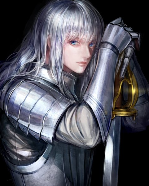 Anime picture 700x872 with berserk griffith mj (11220318) single long hair tall image looking at viewer fringe blue eyes simple background hair between eyes silver hair upper body black background boy weapon sword armor gauntlets