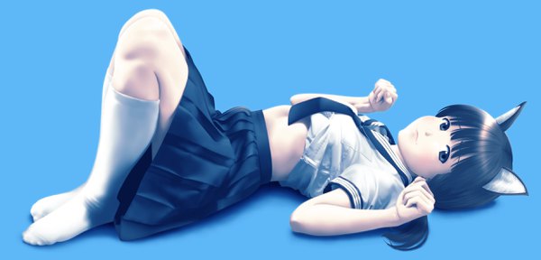 Anime picture 2500x1200 with original tora tsugumi single long hair looking at viewer blush fringe highres black hair simple background wide image animal ears full body bent knee (knees) lying blunt bangs pleated skirt cat ears short sleeves midriff