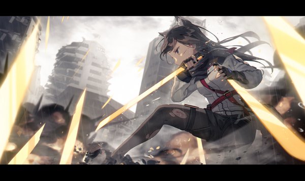 Anime picture 2400x1426 with arknights texas (arknights) natsu97 single long hair highres black hair wide image standing holding animal ears looking away outdoors tail long sleeves animal tail profile black eyes letterboxed rain
