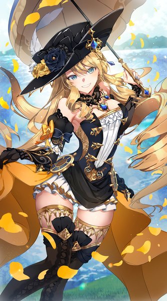 Anime picture 1092x1968 with genshin impact navia (genshin impact) mito itsuki single long hair tall image looking at viewer blush fringe breasts blue eyes light erotic blonde hair smile hair between eyes large breasts bare shoulders sky cloud (clouds) grin