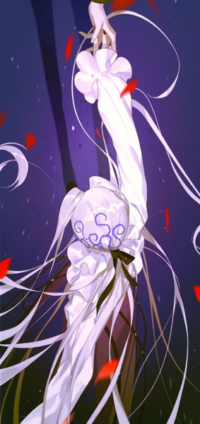 Anime picture 2711x5743 with forever 7th capital iscario toduring tall image highres silver hair very long hair from above outstretched arm holding hands solo focus low ponytail boy ribbon (ribbons) hair ribbon petals blouse