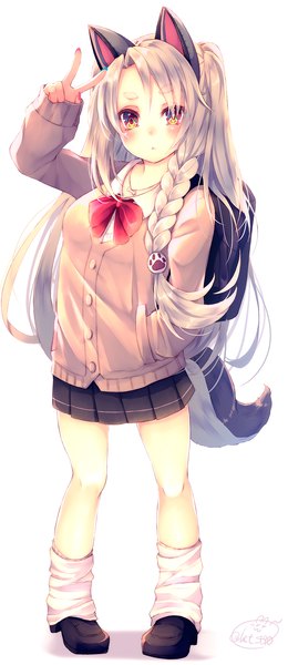 Anime-Bild 869x2000 mit azur lane yuudachi (azur lane) chita (ketchup) single long hair tall image looking at viewer blush fringe simple background standing white background purple eyes signed animal ears silver hair full body tail braid (braids) nail polish