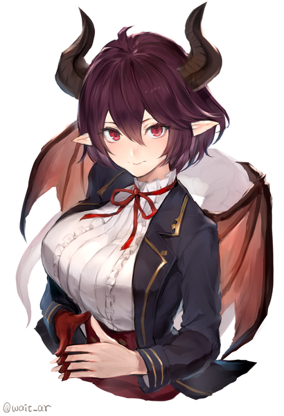 Anime picture 1381x2018 with shingeki no bahamut manaria friends grea (shingeki no bahamut) watao single tall image looking at viewer blush fringe short hair breasts simple background smile hair between eyes red eyes large breasts white background signed purple hair ahoge