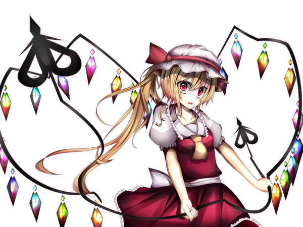 Anime picture 4000x3000 with touhou flandre scarlet karurai (artist) single long hair highres blonde hair red eyes absurdres one side up transparent background vector girl dress skirt bow weapon wings skirt set laevatein (touhou)