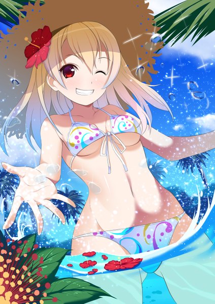 Anime picture 1061x1500 with original haruhi3 single long hair tall image looking at viewer breasts light erotic blonde hair smile red eyes one eye closed hair flower wink girl navel hair ornament flower (flowers) swimsuit hat