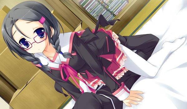 Anime picture 1024x600 with koiiro soramoyou (game) machiko miki lucie long hair blue eyes light erotic black hair wide image game cg braid (braids) twin braids girl glasses serafuku