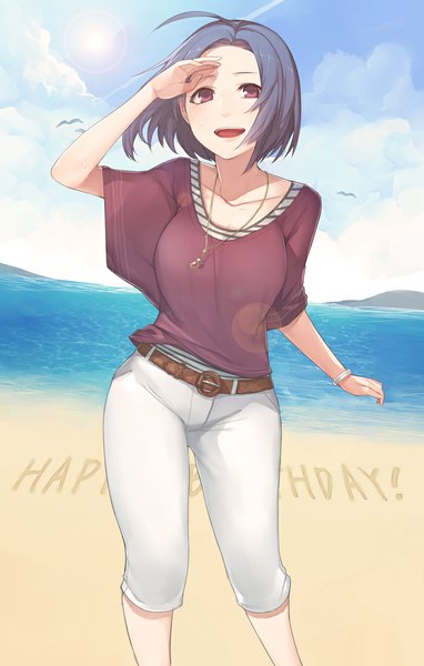Anime picture 700x1100 with idolmaster miura azusa hitoto single tall image looking at viewer short hair open mouth standing brown eyes sky purple hair cloud (clouds) aqua eyes sunlight beach sunbeam sand girl animal