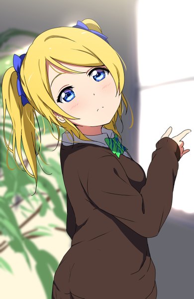 Anime picture 1850x2846 with love live! school idol project sunrise (studio) love live! ayase eli icehotmilktea single long hair tall image blush highres blue eyes blonde hair twintails from above looking up alternate hairstyle mmm girl uniform ribbon (ribbons)