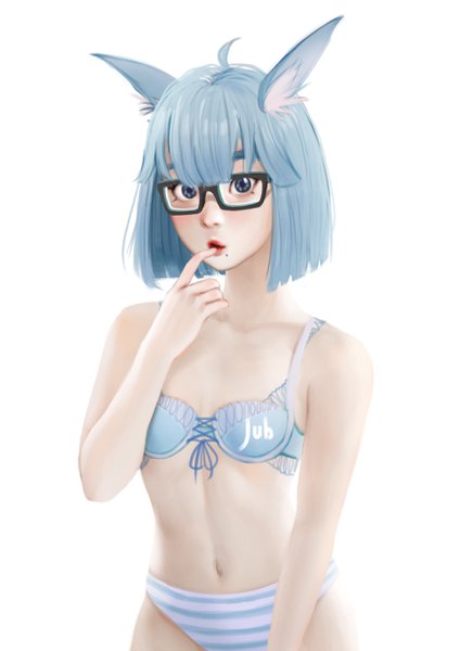 Anime-Bild 1920x2716 mit original lizha (jubi) jubi (regiana) single tall image looking at viewer fringe highres short hair blue eyes light erotic simple background white background signed animal ears blue hair ahoge blunt bangs parted lips realistic