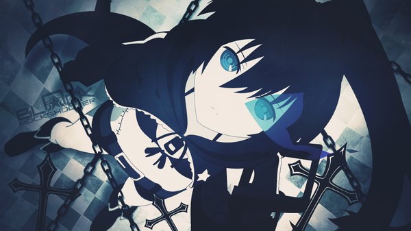 Anime picture 1920x1080 with black rock shooter black rock shooter (character) single long hair looking at viewer fringe highres blue eyes black hair wide image glowing glowing eye (eyes) girl shorts chain cross bikini top