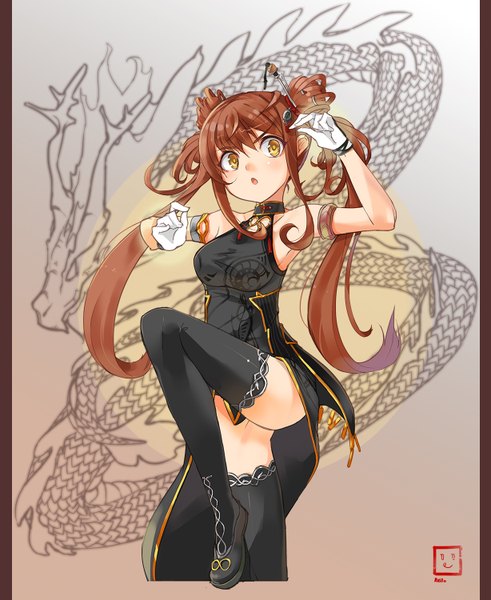 Anime picture 1228x1500 with dungeon and fighter nellen single long hair tall image blush open mouth light erotic brown hair yellow eyes looking away chinese clothes girl thighhighs gloves black thighhighs shoes chinese dress