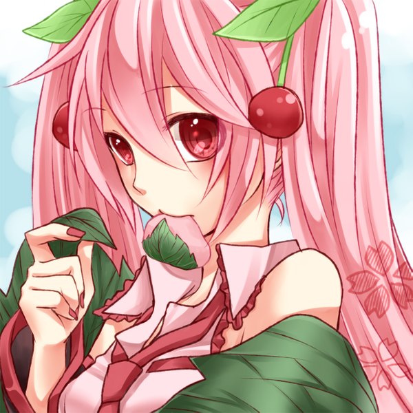 Anime picture 1275x1275 with vocaloid hatsune miku sakura miku yayoi (egoistic realism) single long hair red eyes twintails pink hair mouth hold girl food berry (berries) cherry