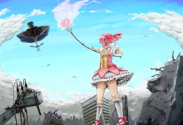 Anime picture 2100x1440 with mahou shoujo madoka magica shaft (studio) kaname madoka sharu rotte single highres short hair pink hair sky ruins post-apocalyptic girl dress gloves ribbon (ribbons) hair ribbon socks white socks bow (weapon)