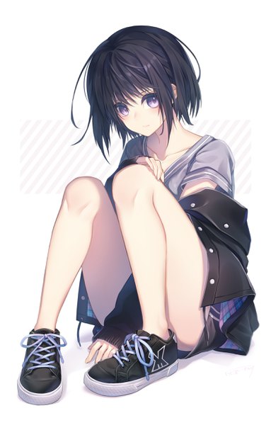 Anime picture 1570x2456 with original haizome senri single tall image looking at viewer blush fringe short hair black hair simple background hair between eyes white background sitting purple eyes full body parted lips off shoulder open jacket short sleeves legs