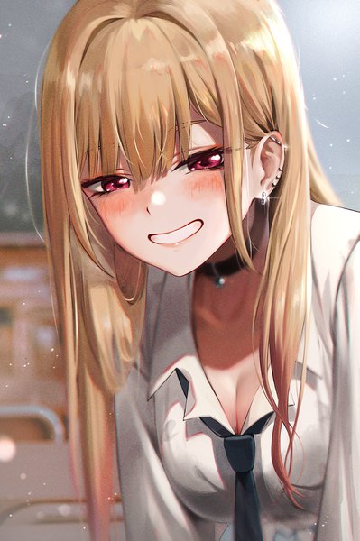 Anime picture 1000x1502 with sono bisque doll wa koi wo suru cloverworks kitagawa marin torriet single long hair tall image looking at viewer blush fringe blonde hair smile hair between eyes red eyes cleavage upper body long sleeves blurry leaning grin