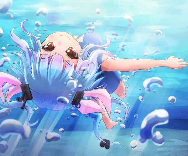 Anime-Bild 1500x1250 mit kantai collection i-19 submarine denak single long hair looking at viewer blush smile red eyes blue hair underwater girl hair ornament swimsuit one-piece swimsuit bubble (bubbles) school swimsuit