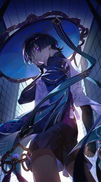 Anime picture 1000x1800 with genshin impact scaramouche (genshin impact) wanderer (genshin impact) xiaojiaju single tall image looking at viewer short hair black hair smile standing purple eyes looking back from below hand on face boy hat shorts tassel fist