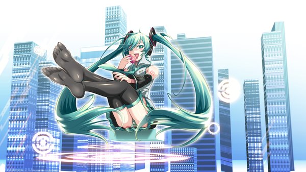 Anime picture 3840x2160 with vocaloid hatsune miku caffein single blush highres open mouth light erotic wide image sitting twintails looking away absurdres very long hair pleated skirt aqua eyes aqua hair city cityscape girl