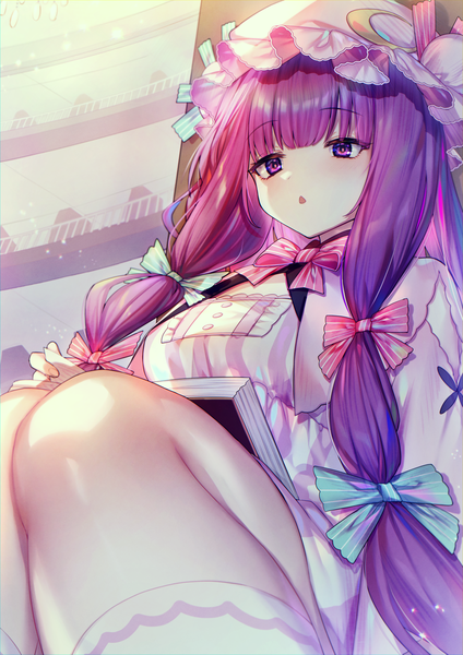 Anime picture 2276x3224 with touhou patchouli knowledge here (hr rz ggg) single long hair tall image blush fringe highres sitting purple eyes looking away purple hair bent knee (knees) blunt bangs :o from below tress ribbon girl bow