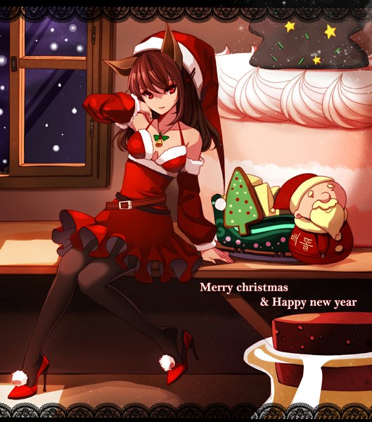 Anime picture 1036x1175 with original bettols single long hair tall image looking at viewer red eyes brown hair animal ears christmas new year merry christmas happy new year girl dress hat detached sleeves pantyhose window sweets