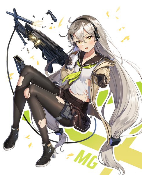 Anime picture 1383x1700 with girls frontline mg4 (girls frontline) aliceblue single long hair tall image looking at viewer blush fringe open mouth light erotic simple background hair between eyes white background twintails holding signed yellow eyes silver hair full body