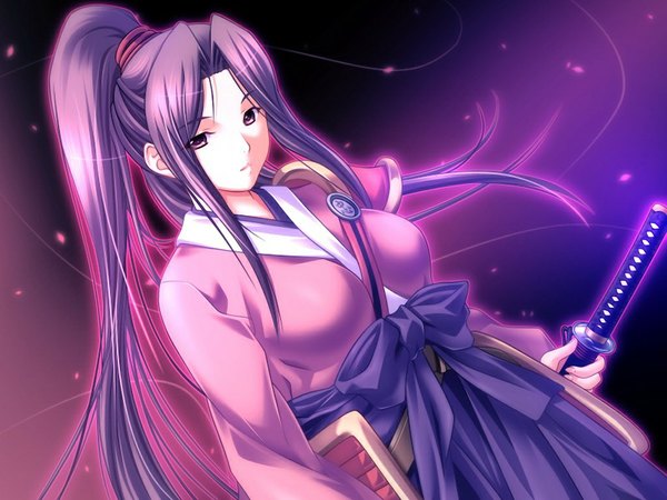 Anime picture 1024x768 with dungeon crusaderz long hair purple eyes game cg purple hair ponytail samurai girl weapon sword katana