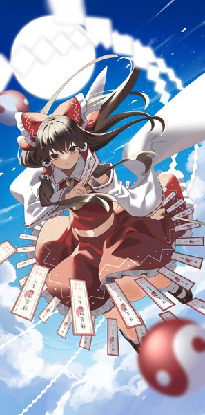 Anime picture 2982x6034 with touhou hakurei reimu yuujin (yuzinn333) single long hair tall image looking at viewer fringe highres hair between eyes red eyes brown hair traditional clothes japanese clothes nontraditional miko yin yang girl skirt bow hair bow