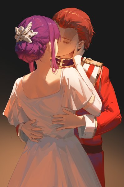 Anime picture 2118x3186 with sousou no frieren fern (sousou no frieren) stark (sousou no frieren) meinoss long hair tall image highres short hair simple background purple hair red hair eyes closed hair bun (hair buns) couple gradient background kiss girl dress boy gloves