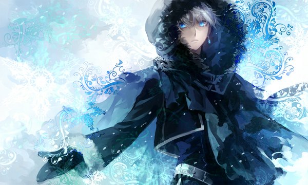 Anime picture 1000x600 with original matsunaka hiro single looking at viewer fringe short hair blue eyes wide image white hair floral print boy earrings belt scarf fur hood cape hoodie winter clothes mittens