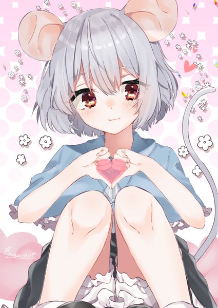Anime picture 2108x2976 with touhou nazrin abe suke single tall image looking at viewer blush fringe highres short hair smile hair between eyes red eyes sitting signed animal ears silver hair bent knee (knees) tail animal tail