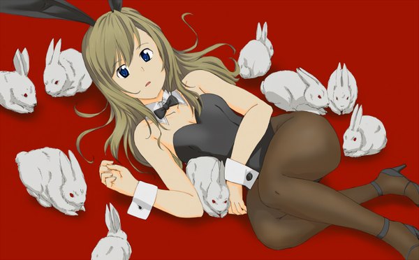 Anime picture 1500x931 with maria-sama ga miteru studio deen toudou shimako ken (artist) single long hair open mouth blue eyes light erotic blonde hair wide image bare shoulders lying bunny ears bunny girl red background girl animal bunnysuit bunny