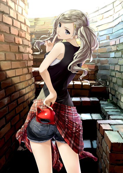 Anime picture 902x1274 with persona 5 persona takamaki anne mikipuruun no naegi single long hair tall image looking at viewer blue eyes twintails looking back grey hair finger to mouth brick wall clothes around waist girl shorts short shorts mask