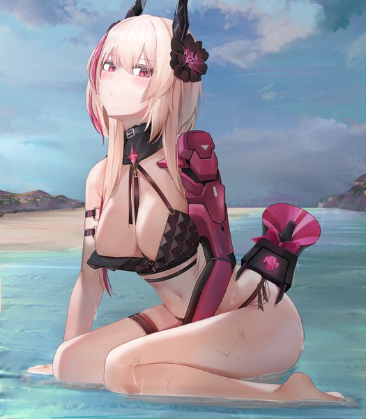 Anime picture 3500x4000 with girls frontline m4 sopmod ii (girls frontline) dinergate (girls frontline) ru zhai single long hair tall image looking at viewer blush fringe highres breasts light erotic blonde hair hair between eyes large breasts sitting payot absurdres sky