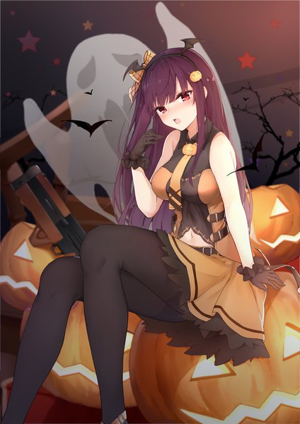 Anime picture 2480x3508 with girls frontline wa2000 (girls frontline) jun.bit single long hair tall image looking at viewer blush fringe highres breasts open mouth red eyes sitting purple hair head tilt blurry arm support shadow depth of field